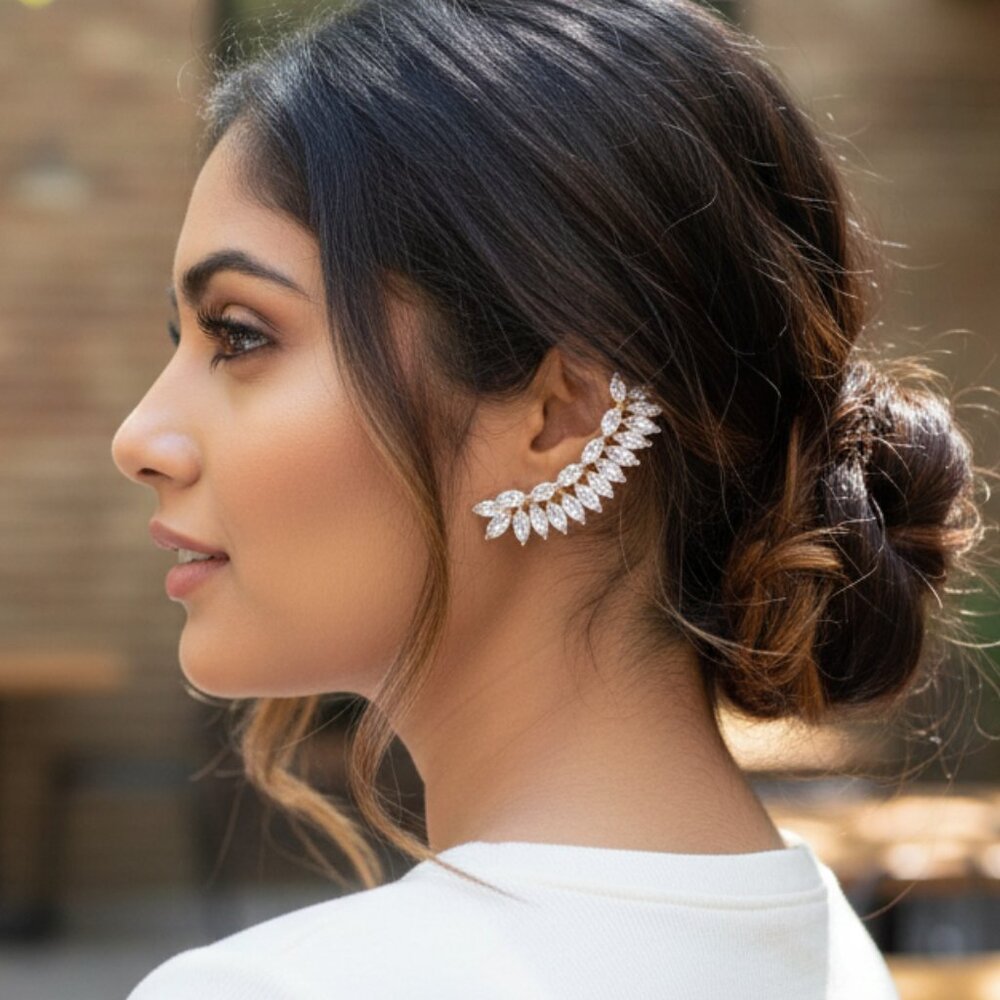 Gold EAR CLIMBER CUFF Earrings CZ Marquise Statement Bridal Wedding
